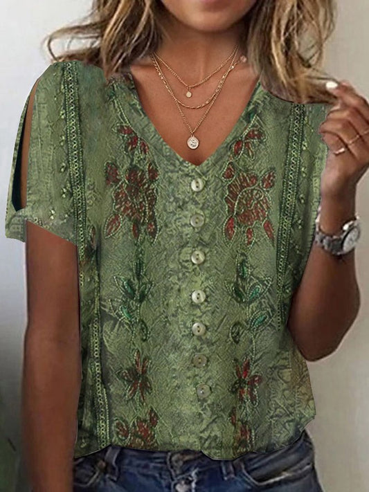 Women's Blouse – Relaxed Fit – V-Neck with Button Closure – Embroidered Boho Style – Light and Breathable