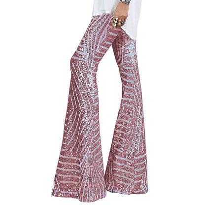 Women's Pants – High Waist – Sequin Pattern – Wide Leg – Elegant Full Length