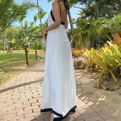 Women's Maxi Dress – Loose Fit – Light and Breathable – Thin Straps – Contrast Trim