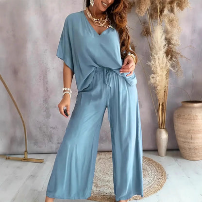 Women's Set – V-Neck Top and Wide Pants – Relaxed Fit – Breathable Fabric