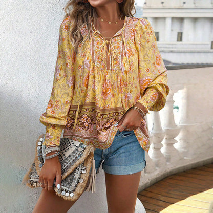 Damebluse – Let Rayon – Afslappet Pasform – Bindebånd – Lange Ærmer Boho Print