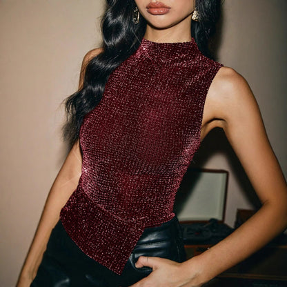 Women's Crop Top – Slim Fit – High Neck – Sleeveless Glitter Party Top