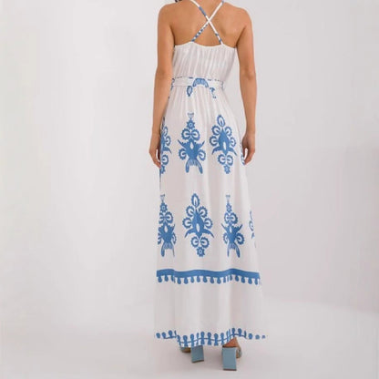 Women's Maxi Dress – Cotton – Sleeveless – V-Neck – Empire Waist – Print – Tie Belt