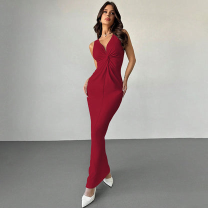 Women's Evening Dress – Slim Fit – Sleeveless with Deep V-Neck – Floor-Length in Luxury Fabric