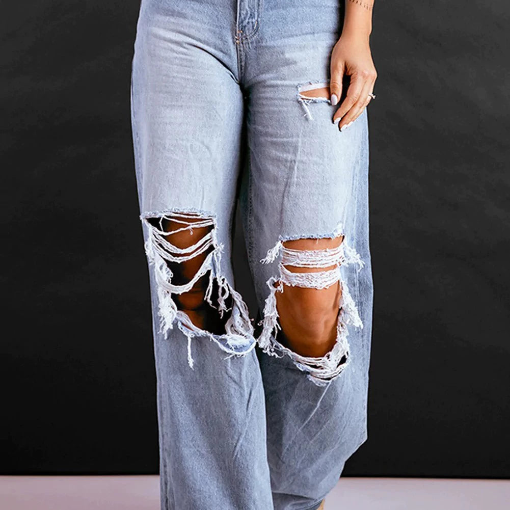Women's Jeans - High-Waisted Wide Leg - Ripped & Distressed - Casual Comfort