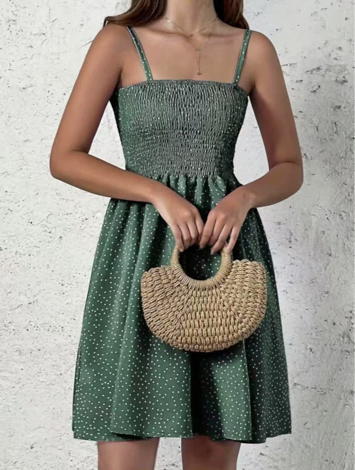 Women’s Polka Dot Dress - Smocked Bodice - Spaghetti Strap