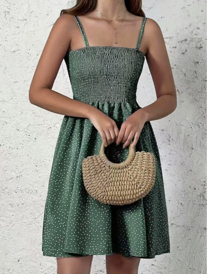 Women’s Polka Dot Dress - Smocked Bodice - Spaghetti Strap