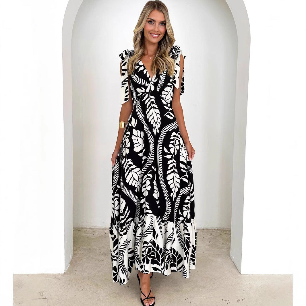 Women's Maxi Dress – Light and Breathable – Sleeveless V-neck – Tie Belt – Printed Design