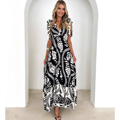 Women's Maxi Dress – Light and Breathable – Sleeveless V-neck – Tie Belt – Printed Design