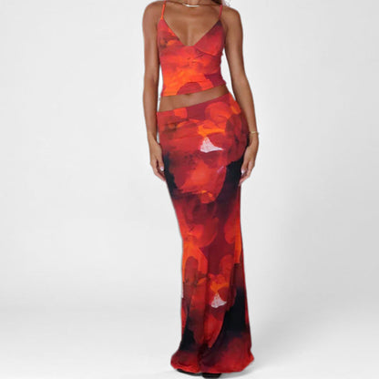 Women's Set with Vest and Maxi Skirt – Tailored – Deep V-neck – Spaghetti Straps