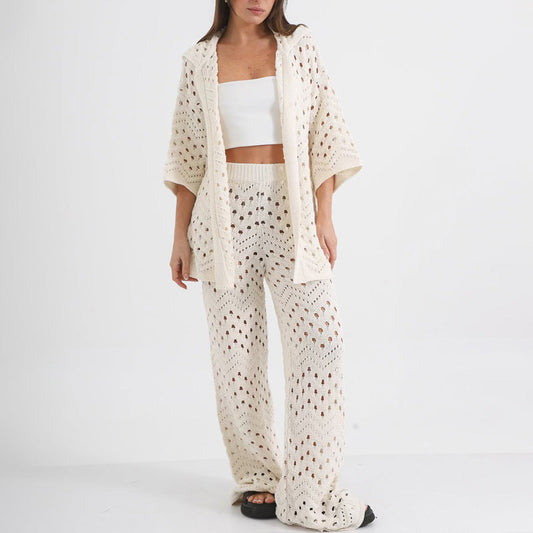 Women's Knit Set – Open Short-Sleeved Top – High-Waisted Wide Pants