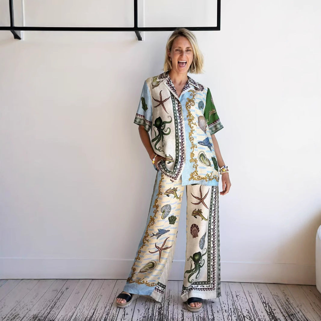 Women's Set with Shirt and Pants – Linen Blend – Relaxed Fit – Wide Leg – Print