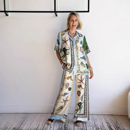 Women's Set with Shirt and Pants – Linen Blend – Relaxed Fit – Wide Leg – Print