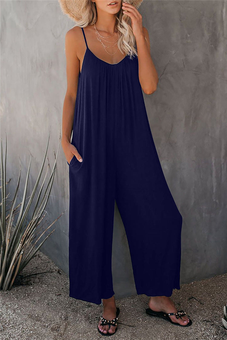 Women's Jumpsuit – Relaxed Fit – Spaghetti Straps – Breathable Lightweight Fabric – With Pockets – Full Length
