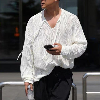 Men's Sweater – Relaxed Fit – V-Neck with Laces – Breathable Knitted Texture