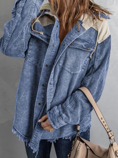 Women's Jacket with Hood – Oversized Fit – Corduroy Texture – Button Closure – Fringed Edge