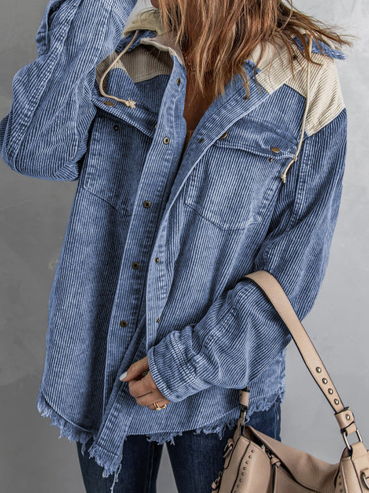 Women's Jacket with Hood – Oversized Fit – Corduroy Texture – Button Closure – Fringed Edge
