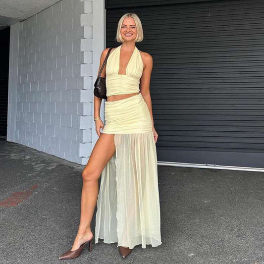 Women's Skirt Set – Slim Fit – Ruched Crop Top – High Slit Mesh Layer