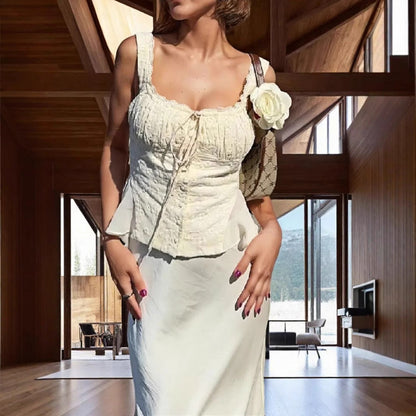 Dame Sæt med Blonde Top og Havfrue Nederdel – Slim Fit – Off-Shoulder – Aftenlook