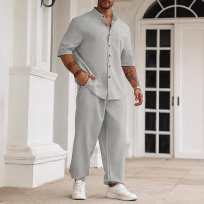 Men's Set – Relaxed Fit – Cotton/Linen – Short-Sleeved Shirt and Pants