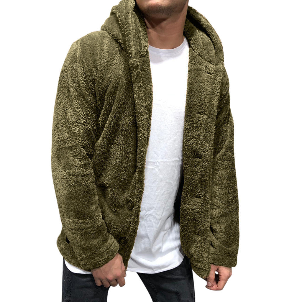 Men's Jacket with Hood – Soft Fleece – Relaxed Fit – Button Closure for Layering