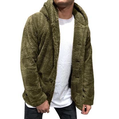 Men's Jacket with Hood – Soft Fleece – Relaxed Fit – Button Closure for Layering