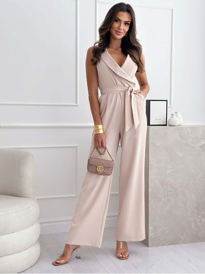Women's Jumpsuit – Sleeveless V-Neck – Tie Belt – Wide Leg Elegant Fit