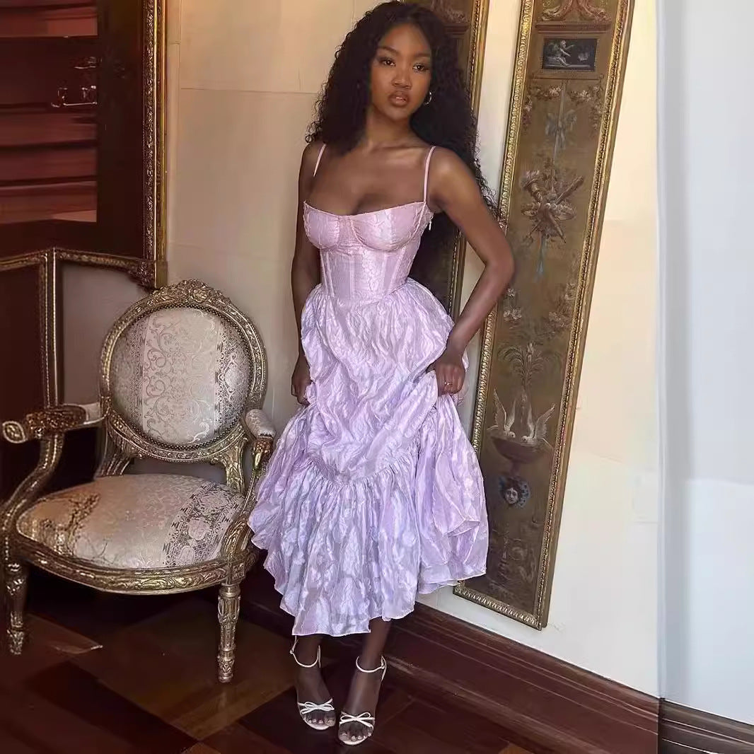 Women's Midi Dress – Fitted Bodice – Sleeveless – Layered Skirt – Sweetheart Neckline