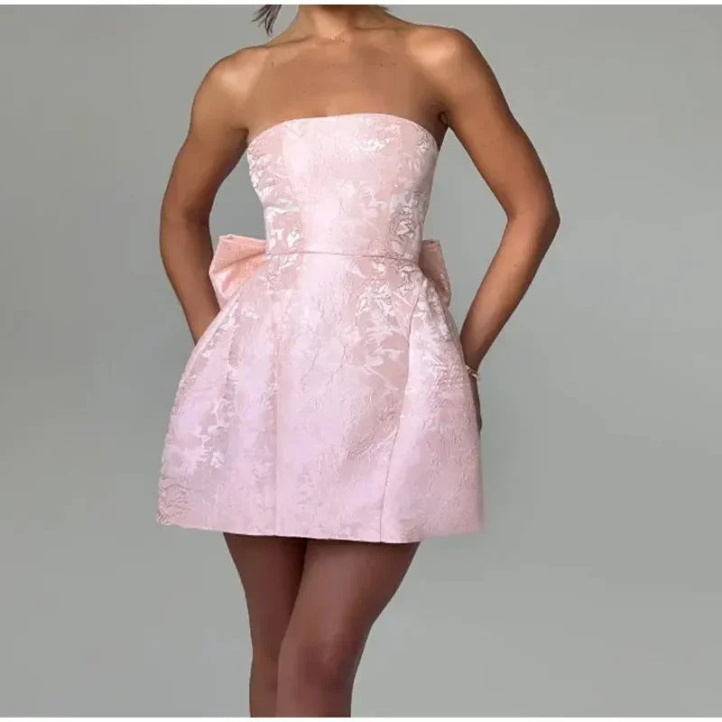 Women's Mini Dress – Jacquard Texture – Strapless Sweetheart Neckline – Bow Detail at the Back