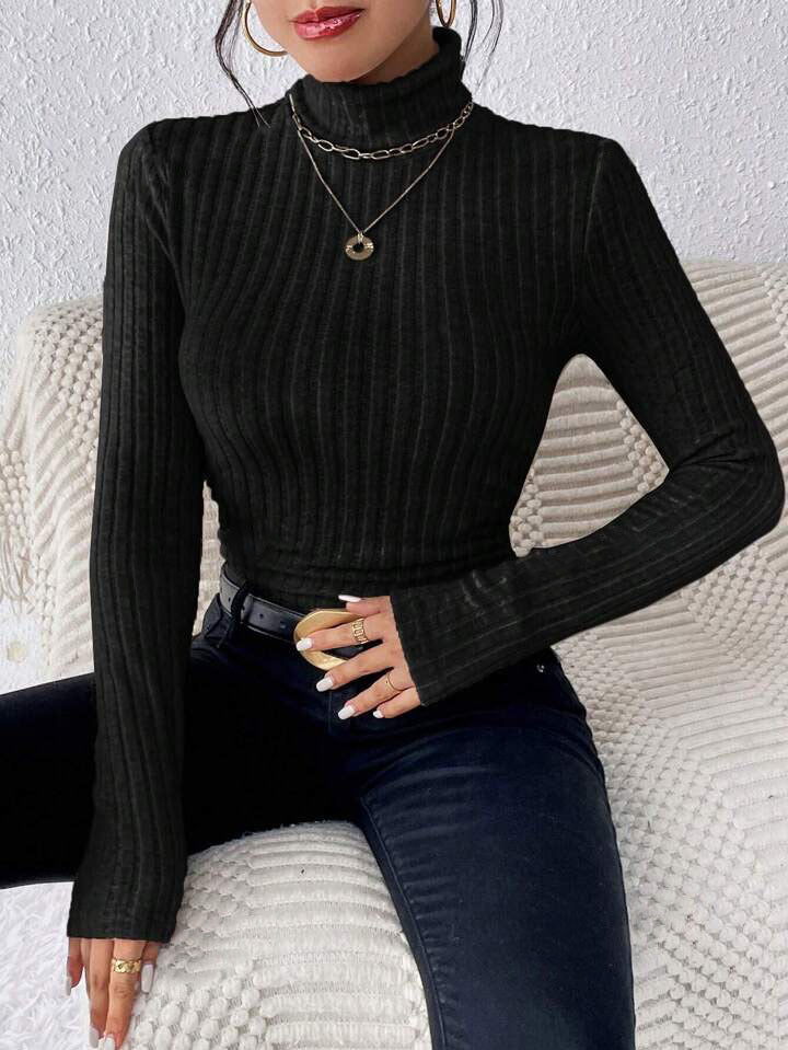 Women's Turtleneck Sweatshirt – Slim Fit – Ribbed Knit – Long Sleeves-Soft Wool Feel