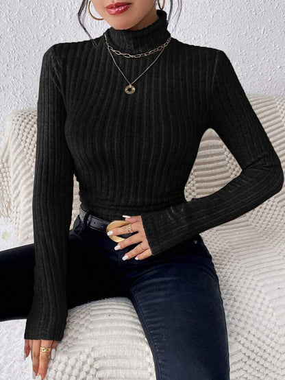 Women's Turtleneck Sweatshirt – Slim Fit – Ribbed Knit – Long Sleeves-Soft Wool Feel