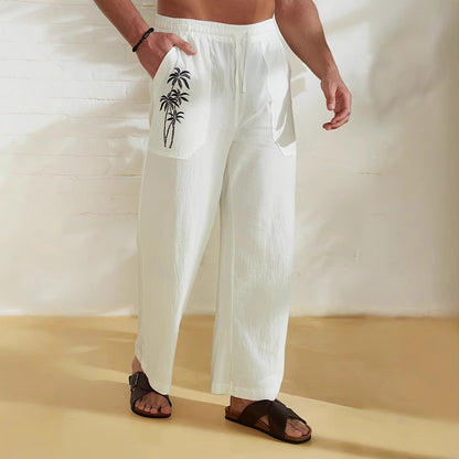 Men's Trousers with Wide Legs – Relaxed Fit – Breathable Cotton Fabric – Drawstring Closure – Palm Print