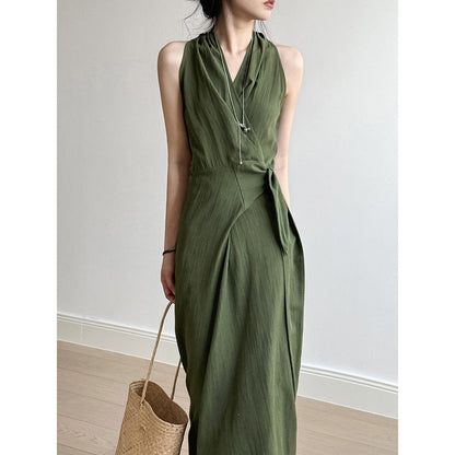 Dress for Women – Halterneck – Slim Fit – V-Neck – Belted Waist – Long and Airy