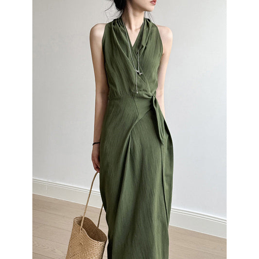 Dress for Women – Halterneck – Slim Fit – V-Neck – Belted Waist – Long and Airy