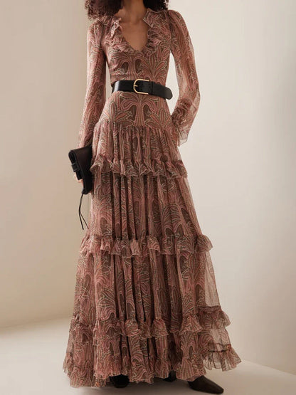 Dress for Women – Long Bohemian Dress – Ruched V-Neck – Ruffle Details – Soft Sleeves