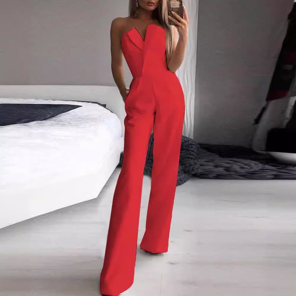 Damebuksedragt – Figursyet Pasform – Stropløs Asymmetrisk Hals – Vide Ben Elegant Stil