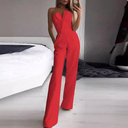 Damebuksedragt – Figursyet Pasform – Stropløs Asymmetrisk Hals – Vide Ben Elegant Stil