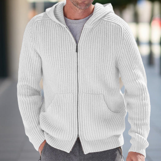 Men's Cardigan – Knit – Relaxed Fit – Hood – Ribbed Texture – Long Sleeves