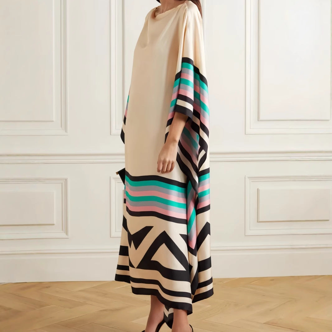 Women's Maxi Dress – One Shoulder – Loose Fit – Asymmetric Hem – Striped Design