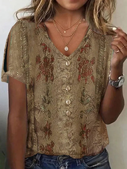 Women's Blouse – Relaxed Fit – V-Neck with Button Closure – Embroidered Boho Style – Light and Breathable