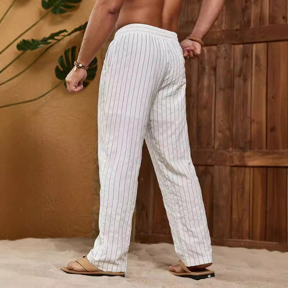 Men's Trousers – Relaxed Fit – Breathable Mix – Striped – Drawstring Waist