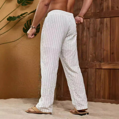 Men's Trousers – Relaxed Fit – Breathable Mix – Striped – Drawstring Waist