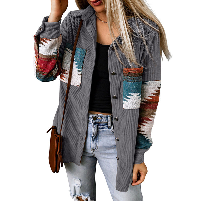 Women's Cardigan Jacket – Corduroy – Relaxed Fit – Aztec Pattern – Button Closure