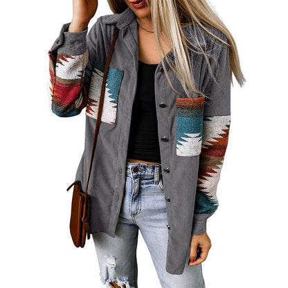 Women's Cardigan Jacket – Corduroy – Relaxed Fit – Aztec Pattern – Button Closure