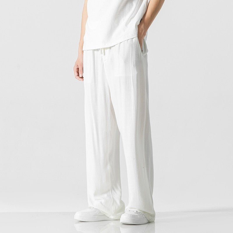 Men's Trousers – Linen Blend – Loose Fit – Full Length – Drawstring Closure