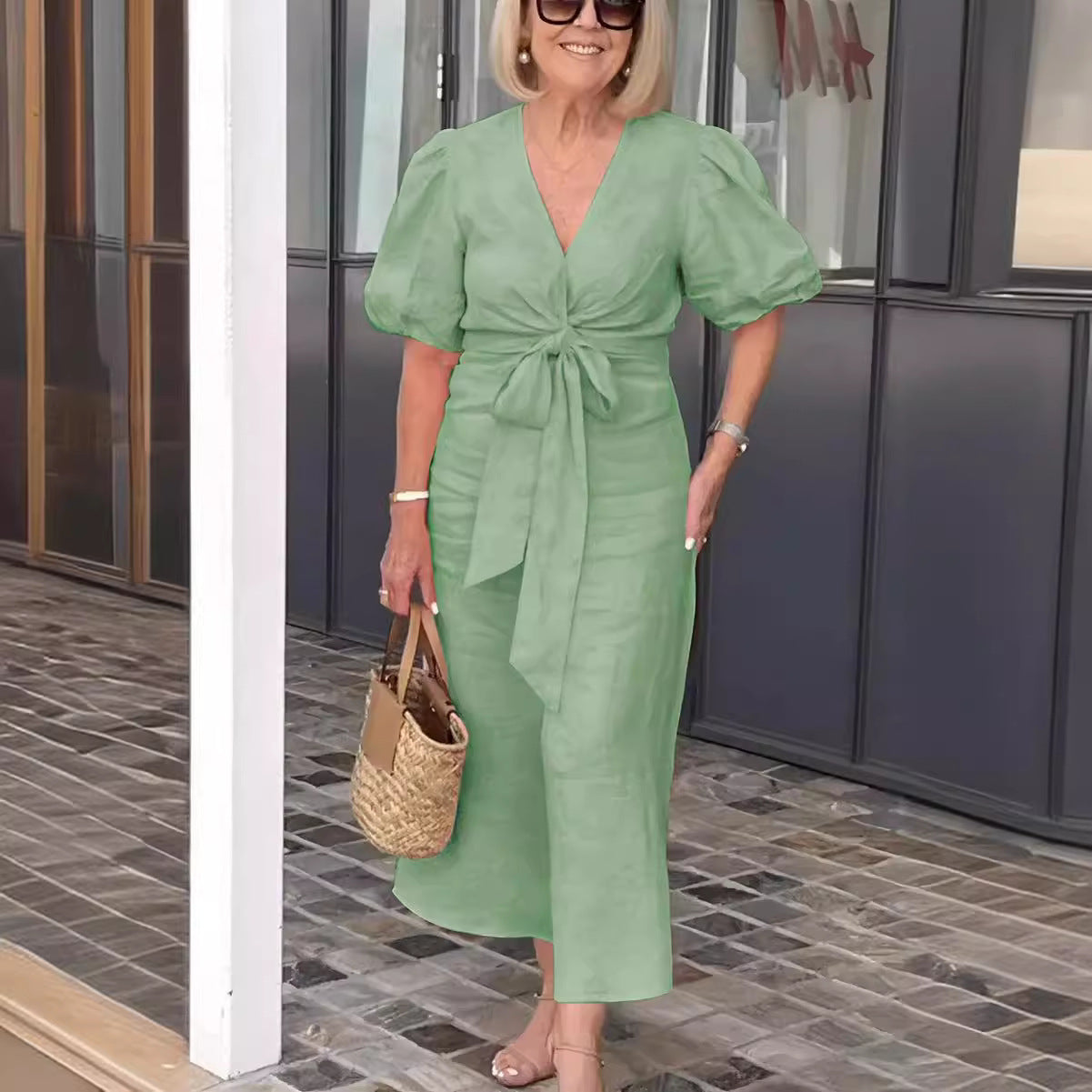 Dress for Women – Midi – Relaxed Fit – V-Neck – Waist Tie – Puff Sleeves – Natural Fibers