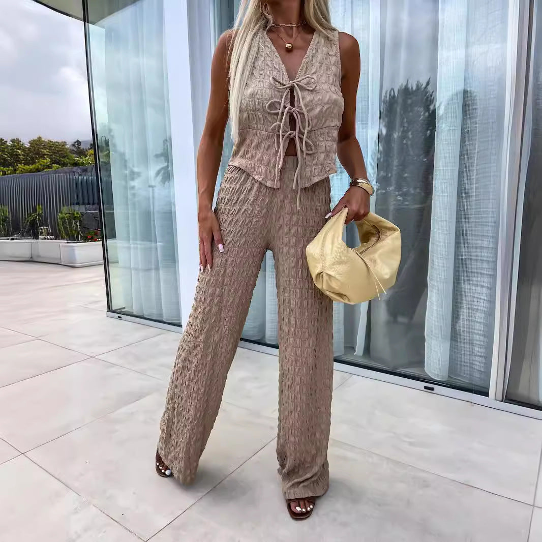 Women's set with top and pants – V-neck – Tie band – Crinkled lightweight fabric – Loose fit