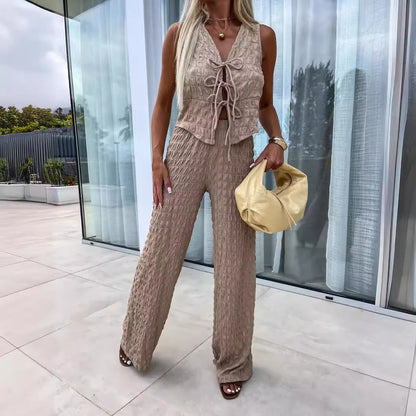 Women's set with top and pants – V-neck – Tie band – Crinkled lightweight fabric – Loose fit