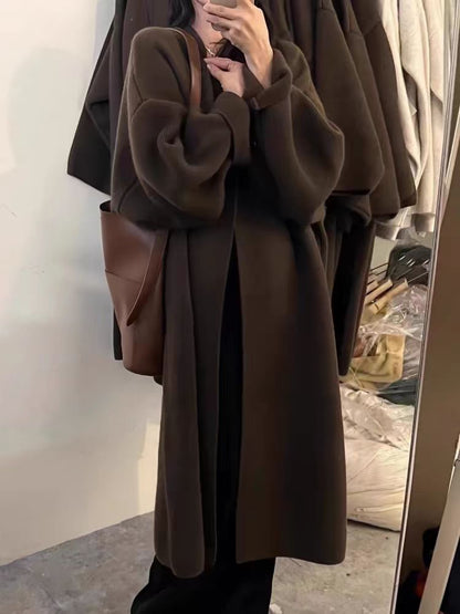 Women's Cardigan Coat – Oversized Fit – Soft Wool Knit – Open Draped Front – Long Model