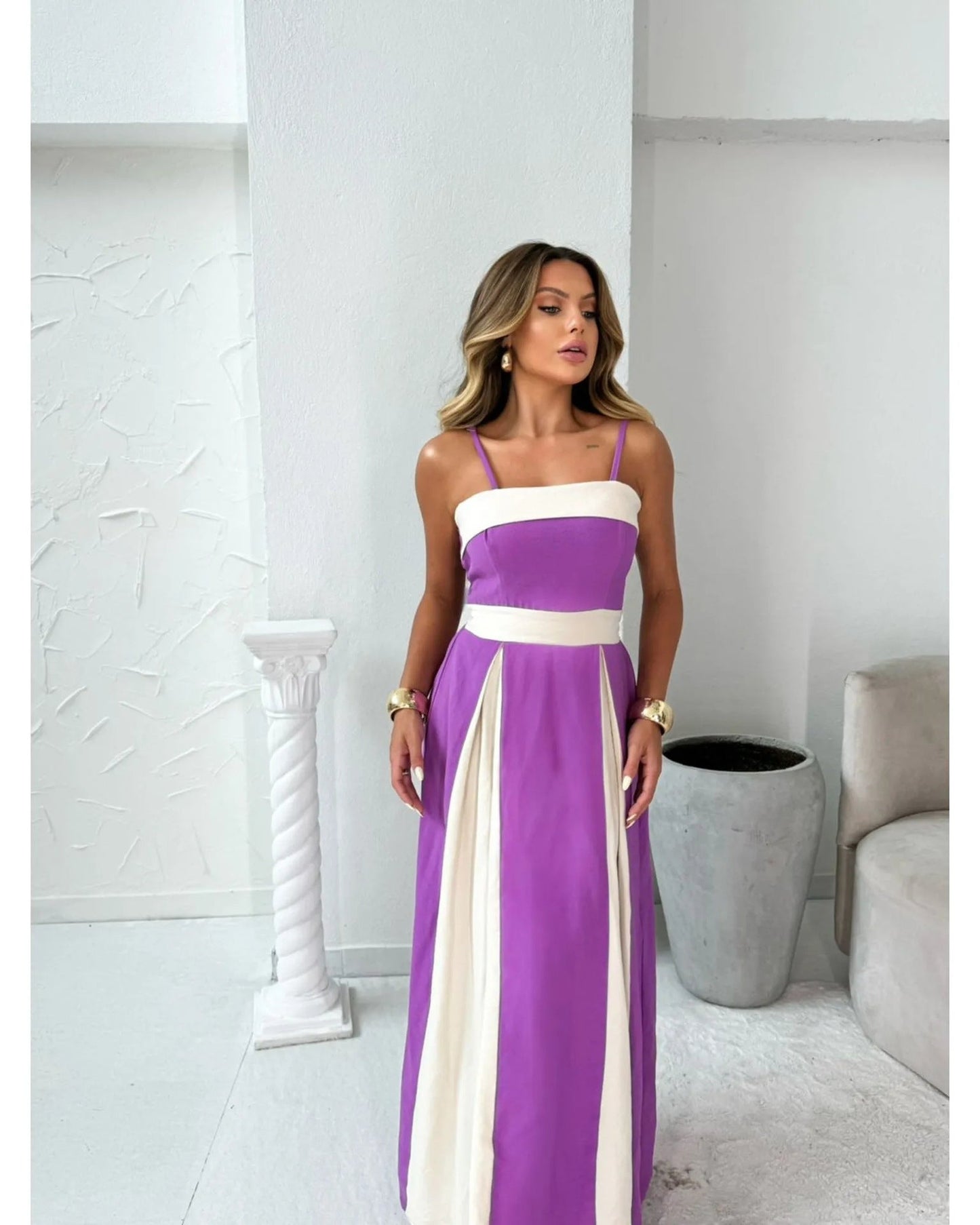 Dame Maxi Kjole – Høj Talje – Slankt Snit – Farveblok – Elegant Formelt Look